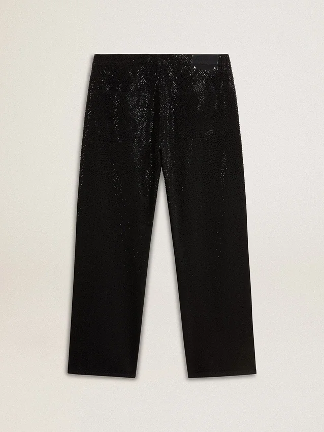 Pantalones de mezclilla negros para hombre con corte holgado y efecto degradado con cristales por toda la prenda