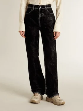 Pantalones de mezclilla negros para mujer con efecto lavado aterciopelado