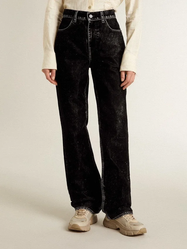 Pantalones de mezclilla negros para mujer con efecto lavado aterciopelado