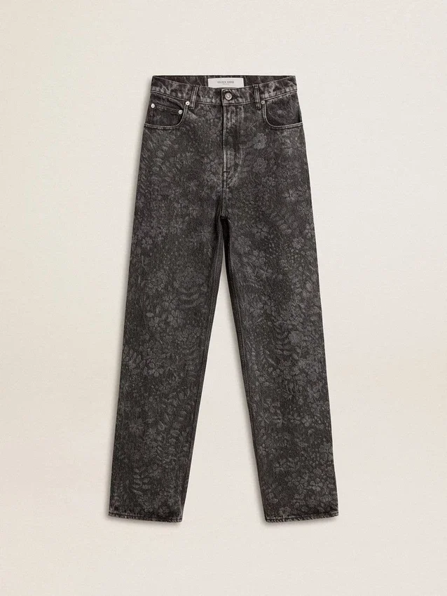 Pantalones de mezclilla negros para mujer con motivo floral