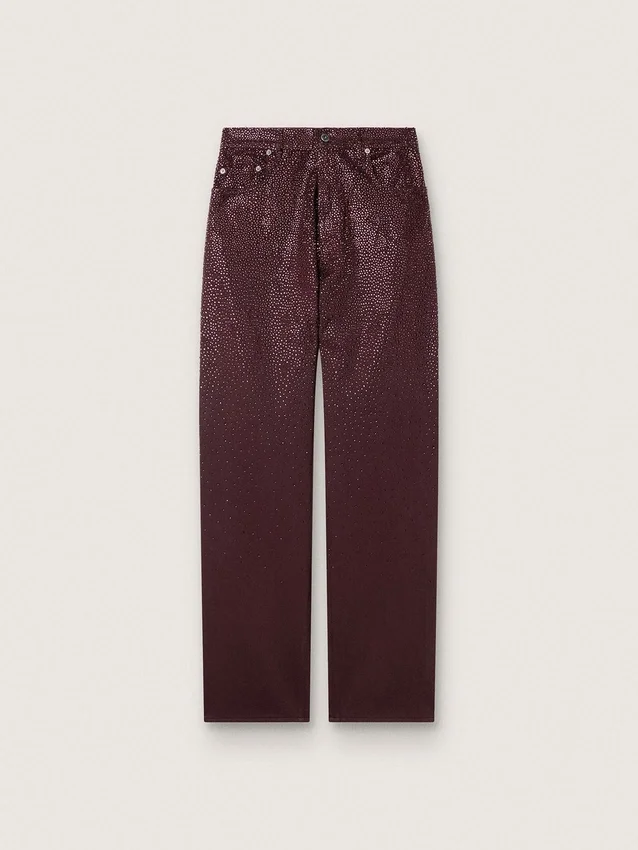 Pantalones de mezclilla para mujer en denim color burdeos con cristales degradados