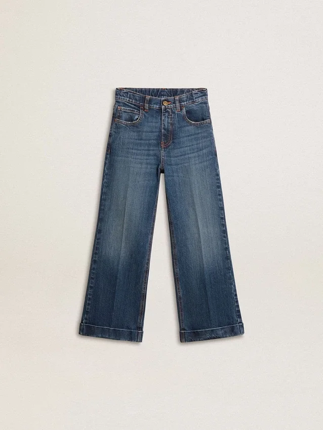 Pantalones de mezclilla para niñas con corte acampanado, lavado medio y bordados