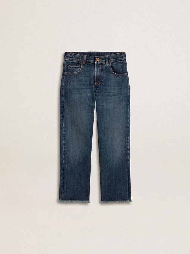 Pantalones de mezclilla para niños con bordes sin rematar y bordado
