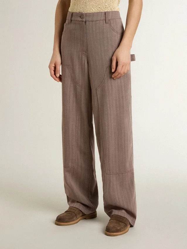Pantalones de mujer de mezcla de lana con microdiseño de chevrón en color marrón claro