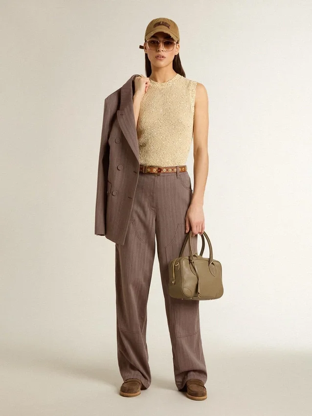 Pantalones de mujer de mezcla de lana con microdiseño de chevrón en color marrón claro