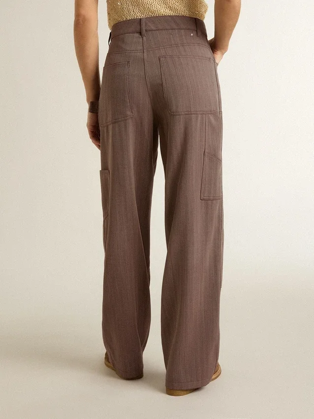 Pantalones de mujer de mezcla de lana con microdiseño de chevrón en color marrón claro