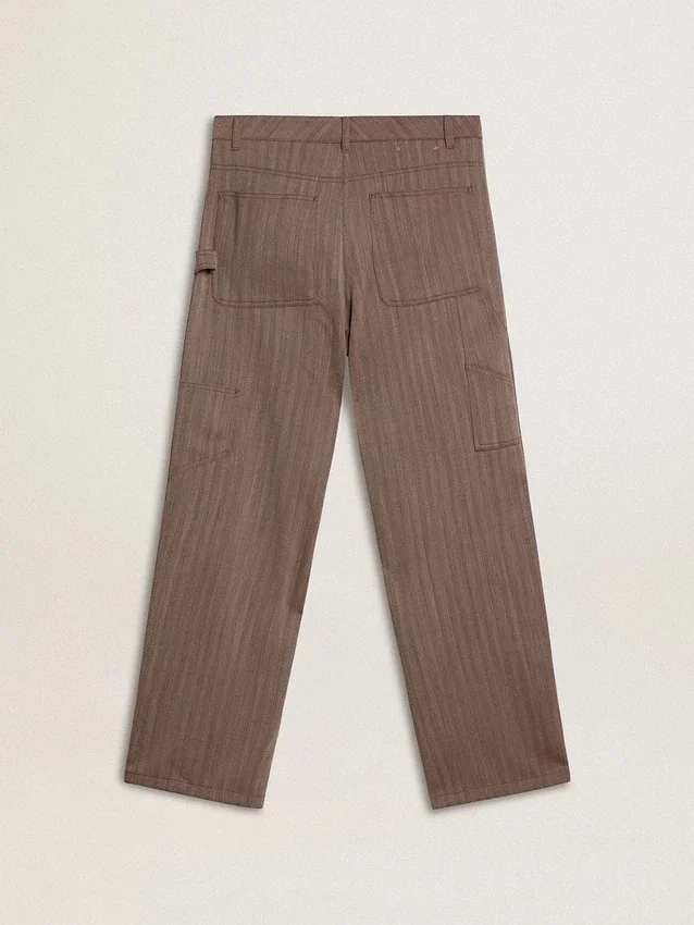 Pantalones de mujer de mezcla de lana con microdiseño de chevrón en color marrón claro