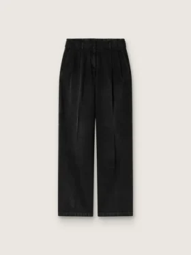 Pantalones de mujer en denim de algodón negro con acabado desgastado