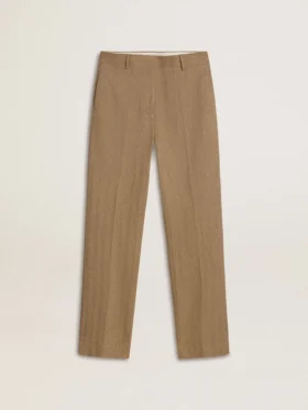 Pantalones de mujer en mezcla de lino con diseño de espiga color arena