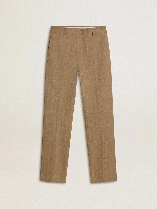 Pantalones de mujer en mezcla de lino con diseño de espiga color arena