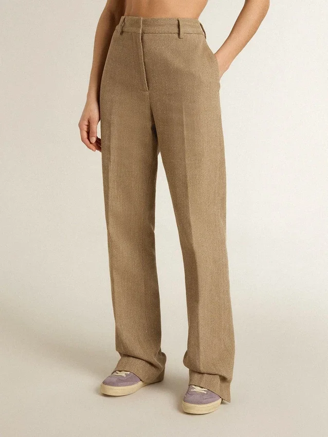 Pantalones de mujer en mezcla de lino con diseño de espiga color arena