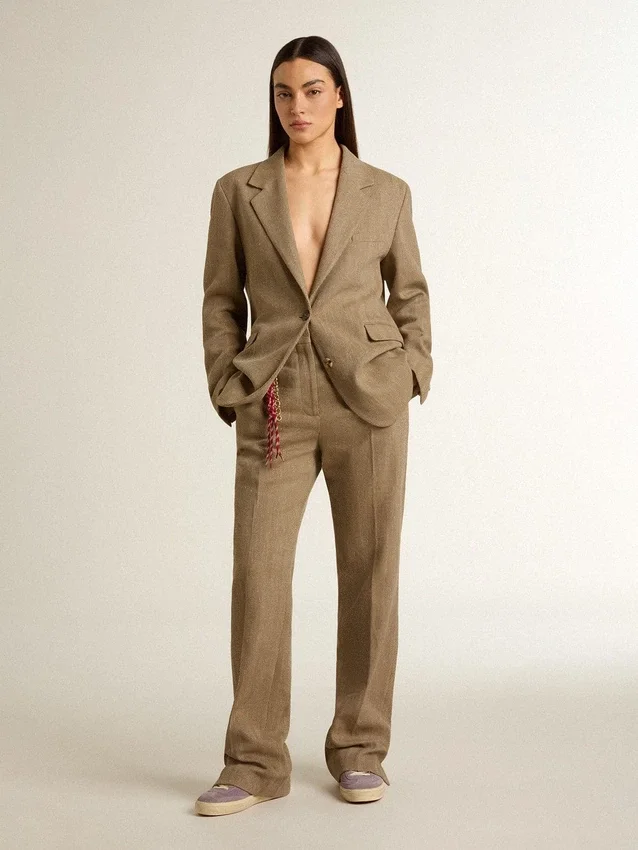 Pantalones de mujer en mezcla de lino con diseño de espiga color arena