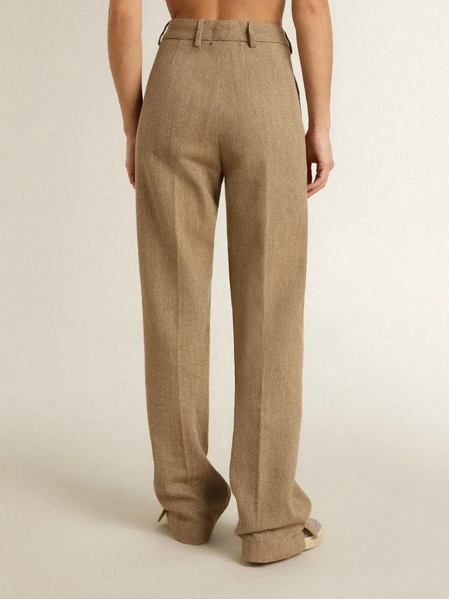 Pantalones de mujer en mezcla de lino con diseño de espiga color arena