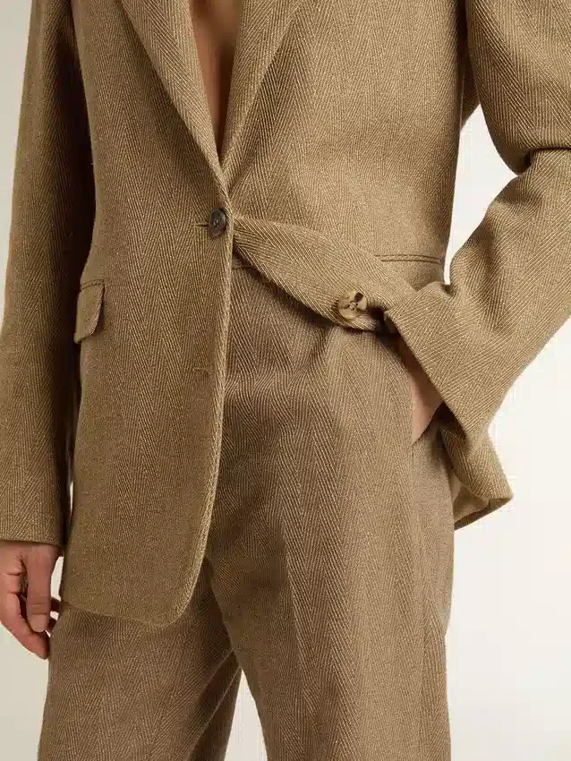 Pantalones de mujer en mezcla de lino con diseño de espiga color arena