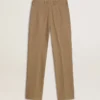 Pantalones de mujer en mezcla de lino con diseño de espiga color arena