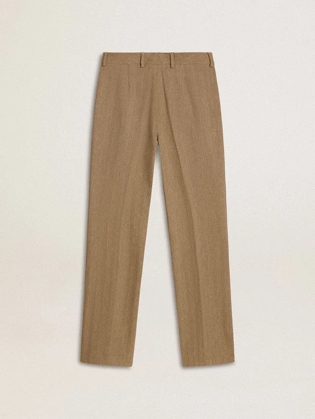 Pantalones de mujer en mezcla de lino con diseño de espiga color arena