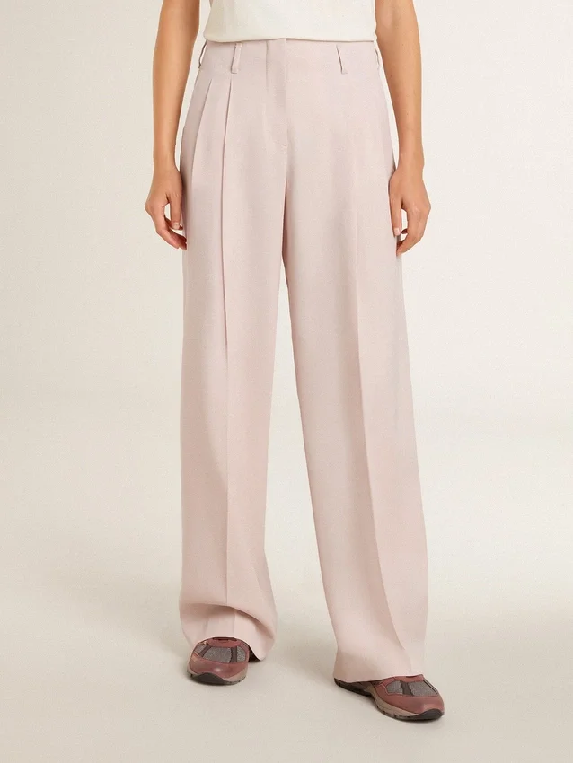 Pantalones de mujer en tela de lana entallada de color rosa