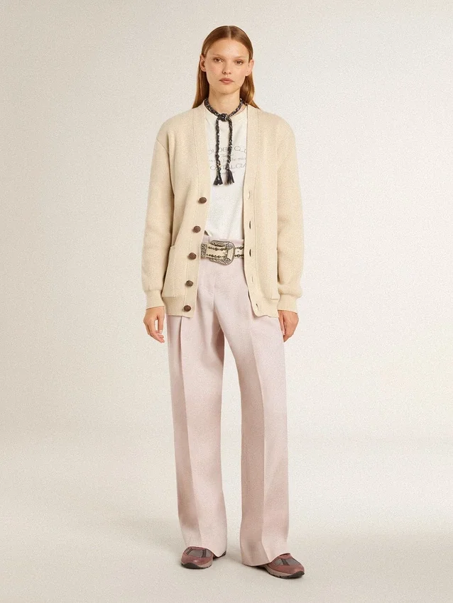 Pantalones de mujer en tela de lana entallada de color rosa