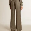 Pantalones de seda con mezcla de viscosa para mujer, de color verde y con estampado floral