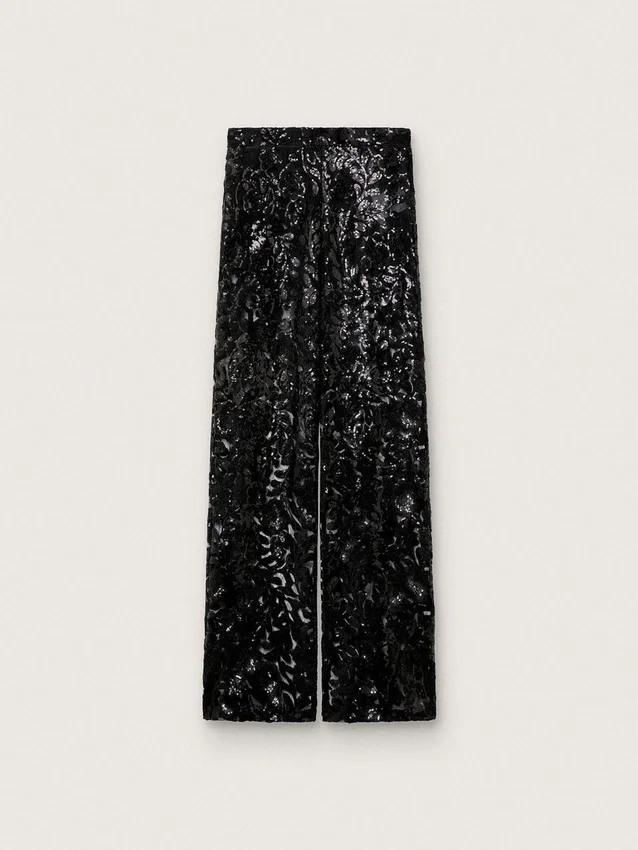 Pantalones de tul para mujer con bordado floral de lentejuelas negras