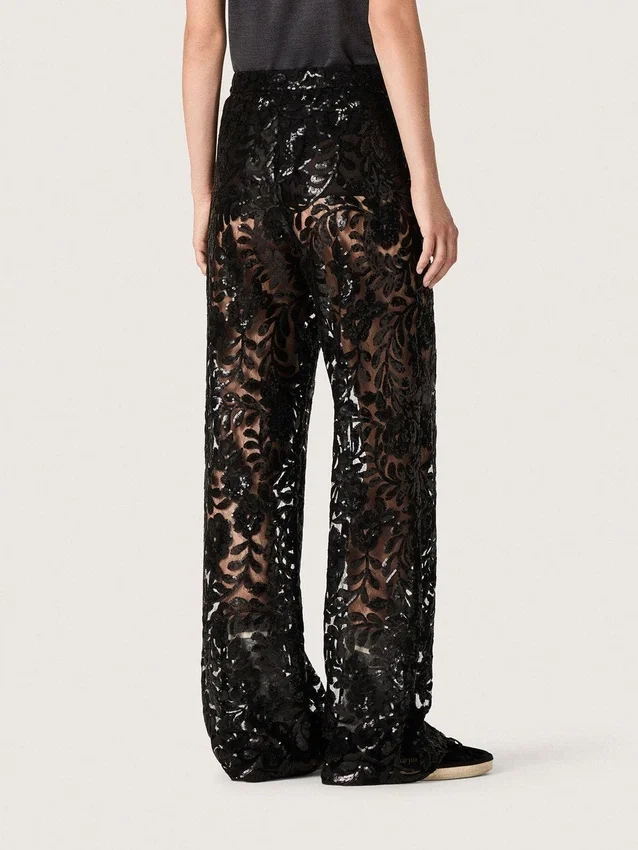 Pantalones de tul para mujer con bordado floral de lentejuelas negras