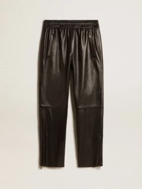 Pantalones deportivos negros de piel napa con cremallera en la parte inferior