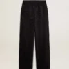 Pantalones joggers negros para mujer con estampado toile de jouy tono sobre tono