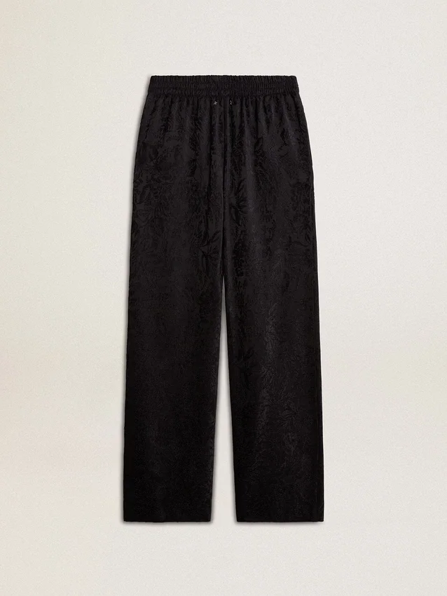 Pantalones joggers negros para mujer con estampado toile de jouy tono sobre tono