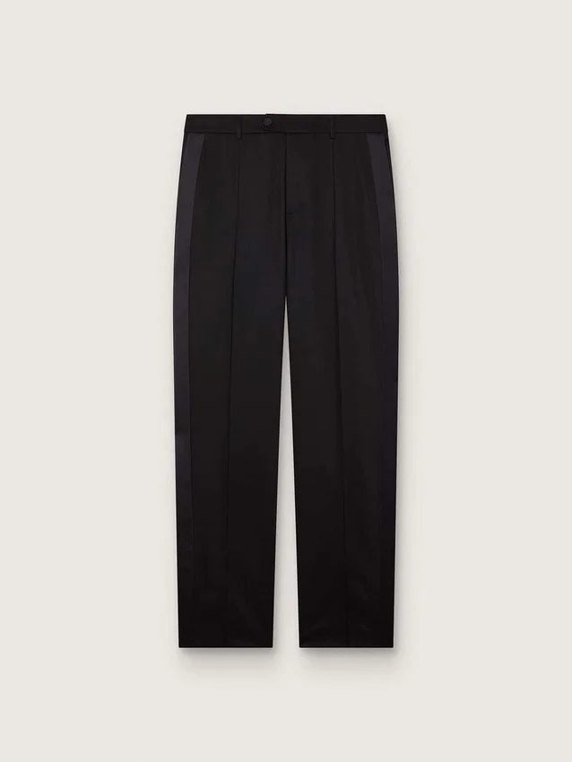 Pantalones para hombre de lana fresca negra con raya lateral de satén