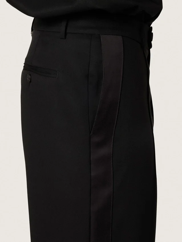 Pantalones para hombre de lana fresca negra con raya lateral de satén