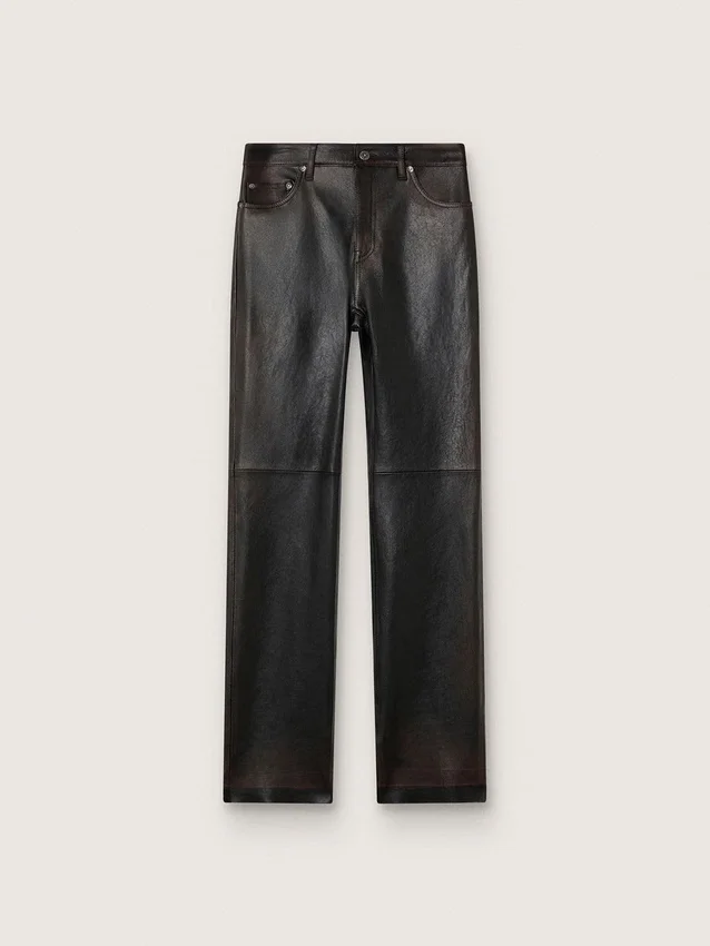Pantalones para mujer en napa color burdeos oscuro con acabado vintage