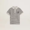 Polo blanco de algodón para niños con rayas azul marino y bordado