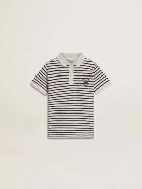 Polo blanco de algodón para niños con rayas azul marino y bordado