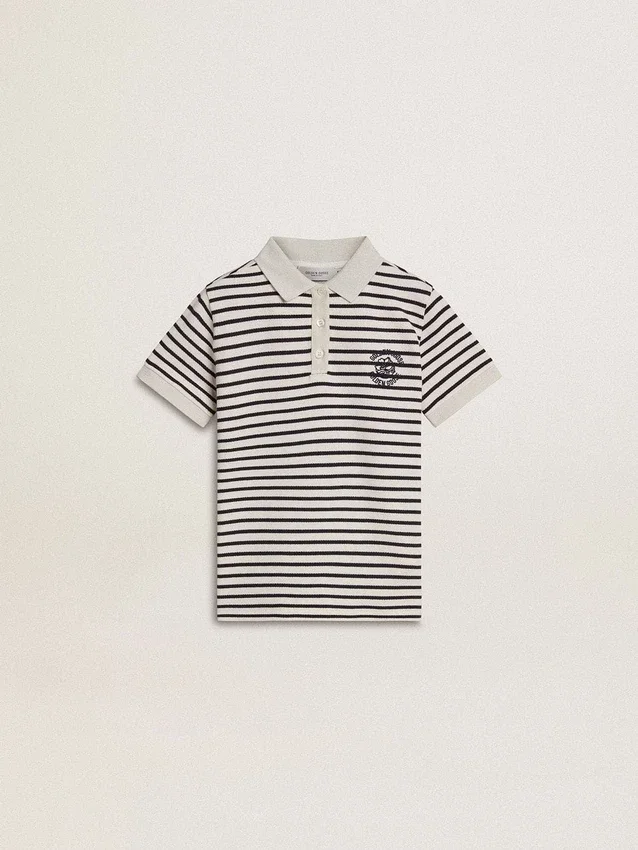 Polo blanco de algodón para niños con rayas azul marino y bordado