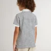 Polo blanco de algodón para niños con rayas azul marino y bordado