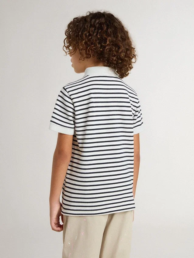 Polo blanco de algodón para niños con rayas azul marino y bordado