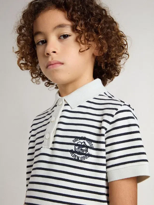 Polo blanco de algodón para niños con rayas azul marino y bordado