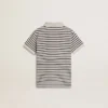 Polo blanco de algodón para niños con rayas azul marino y bordado