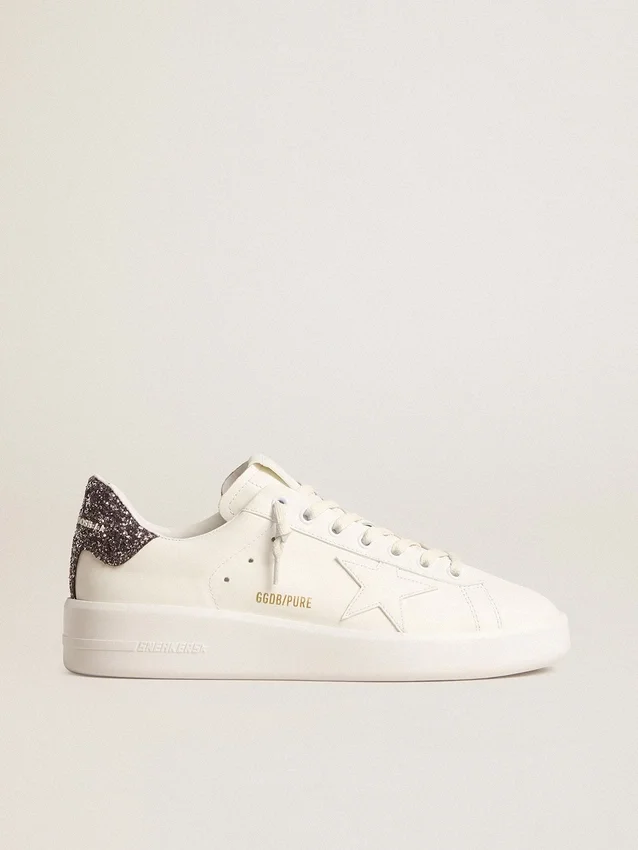 Purestar para mujer con estrella de cuero blanco y lengüeta del talón con purpurina antracita