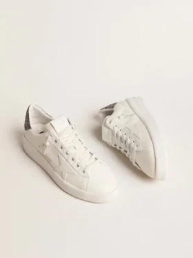 Purestar para mujer con estrella de cuero blanco y lengüeta del talón con purpurina antracita