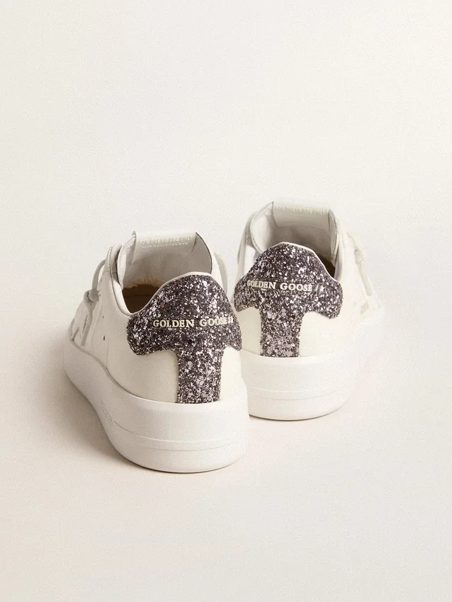 Purestar para mujer con estrella de cuero blanco y lengüeta del talón con purpurina antracita