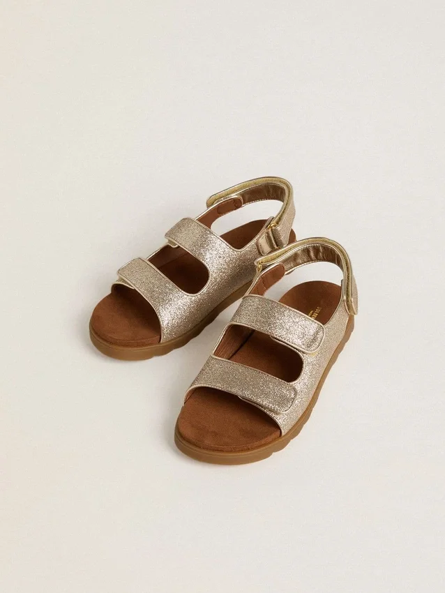 Sandalias Noa Junior en microbrillo y cuero platino