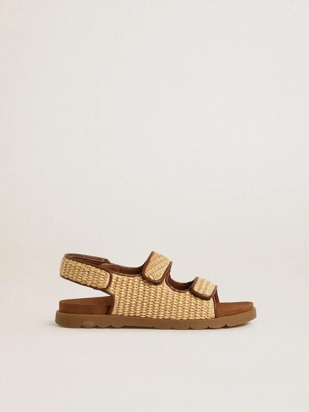 Sandalias Noa Young en rafia beige y cuero marrón