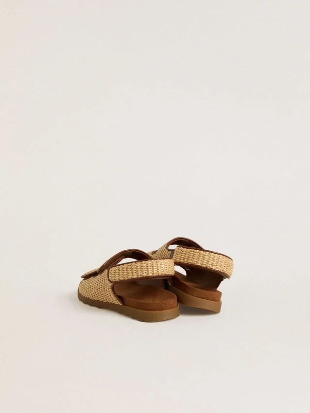 Sandalias Noa Young en rafia beige y cuero marrón