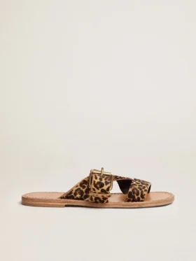 Sandalias planas Margaret para mujer en piel de potro con estampado de leopardo
