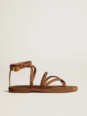 Sandalias planas Penelope para mujer en piel color tabaco con suela de gamuza