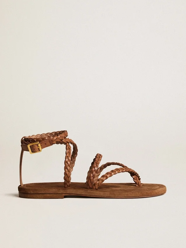 Sandalias planas Penelope para mujer en piel color tabaco con suela de gamuza