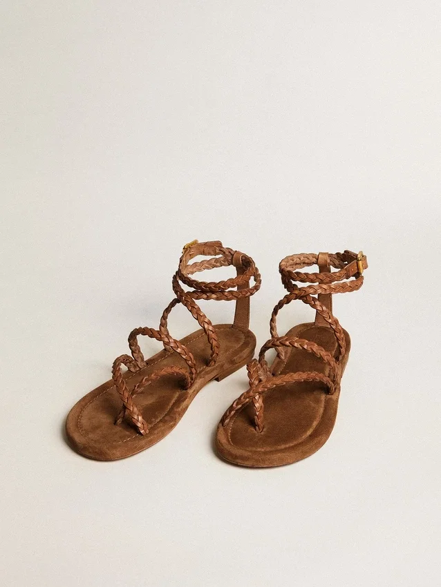 Sandalias planas Penelope para mujer en piel color tabaco con suela de gamuza