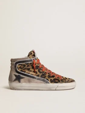 Sandalias Slide LTD para mujer en piel de potro con estampado de leopardo, estrella de cuero metalizado y detalles brillantes