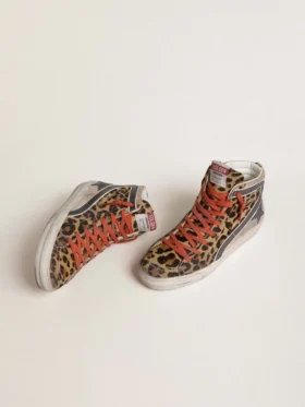 Sandalias Slide LTD para mujer en piel de potro con estampado de leopardo, estrella de cuero metalizado y detalles brillantes